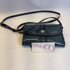 Nine & Co Teal Croc Embossed Crossbody Wallet Organizer Purse Detachable Strap